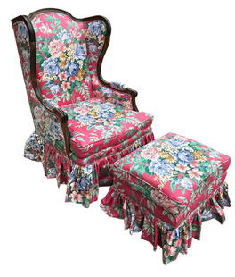 Vintage Ethan Allen Floral Wingback Chair: 43" H to the back x 16" to the seat x 28" W x 25" D