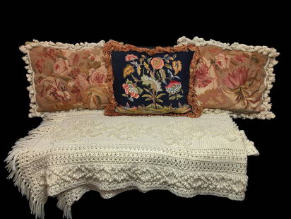 Antique Floral Needlepoint Pillows & Wool Throw Blanket: Largest Pillow 16" H x 21" W