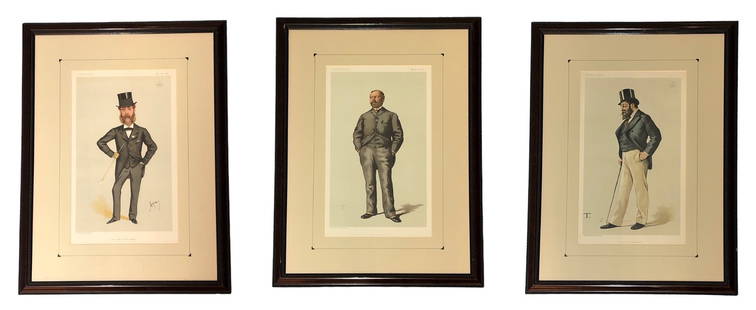 Three 1880-1883 Vanity Fair Portrait Lithographs: All measure 21.25" H x 15.5" W .Includes "Brighton", "A Man of Business", and "The Head of the Pagets". All marked Vincent Broos, Day & Son.