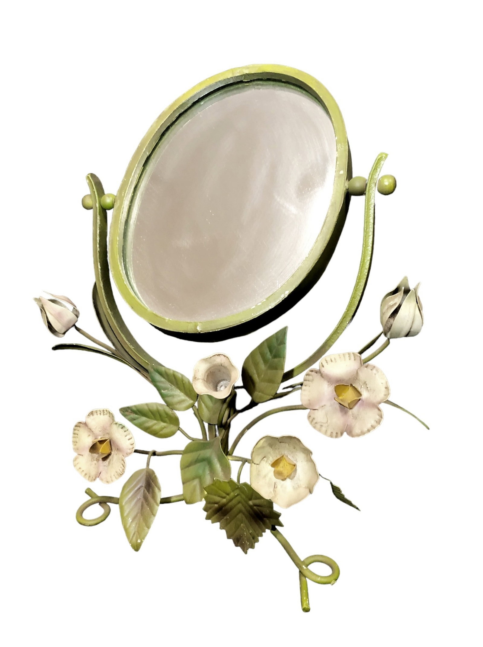 French Floral Tole Vanity Mirror: 13" H x 11" W x 7" D