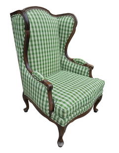 Vintage Ethan Allen Green Plaid Wingback Chair: 43" H to the back x 16" to the seat x 28" W x 25" D