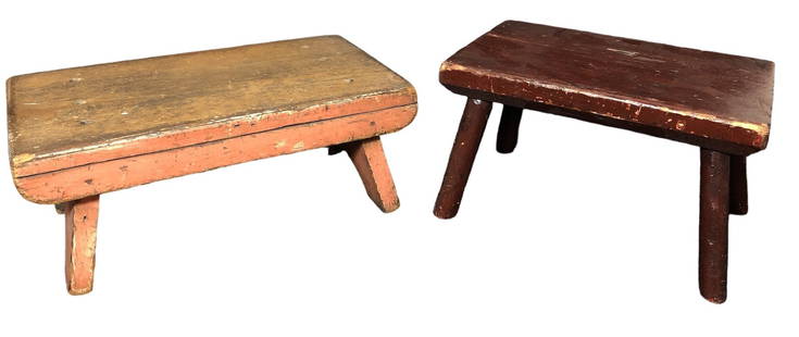 Two Antique Primitive Wood Stools: Larger one measures 5.75" H x 14" W x 8" D