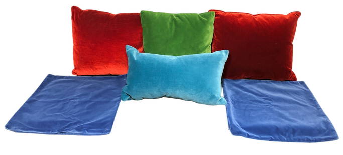 Four SCALAMANDRE Velvet Throw Pillows, Covers: Includes two red pillows measuring 20" H x 16" W, a green pillow measuring 17" H x 16" W, a blue pillow measuring 12" H x 21" W, and two blue covers measuring 18" H x 18" W.