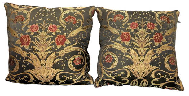 Silk SCALAMANDRE Throw Pillows, Pair: Both measure 22" H x 22" W