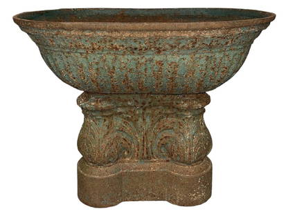 Large French Cast Iron Planter: 23" H x 27" W x 17" D at the top; Comes in two pieces