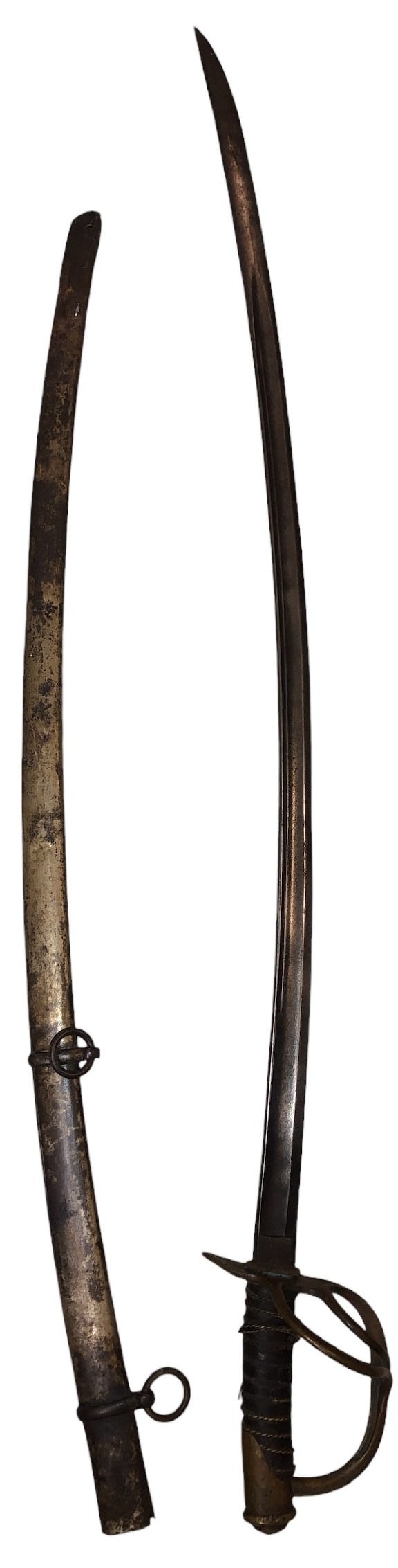 Original Civil War Cavalry Sabre w/ Original Scabbard: Marked U.S. JM, manufactured in Trenton, New Jersey. 41" long. Eel skin handle; Last photo in this lot is not included in this lot but displays a Civil War Union Captain (featured in lot 113) holding 