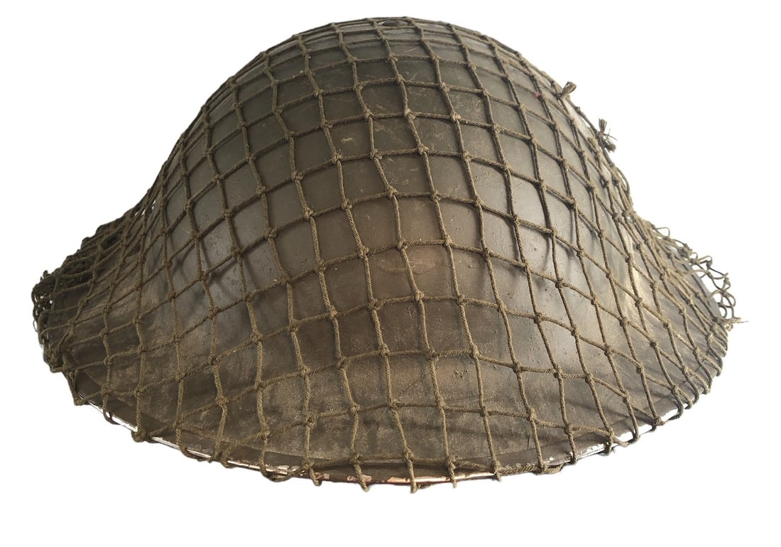 WWII 1941 Stamped British Helmet w/ Netting: 4" H x 11.5" W x 12.25" D