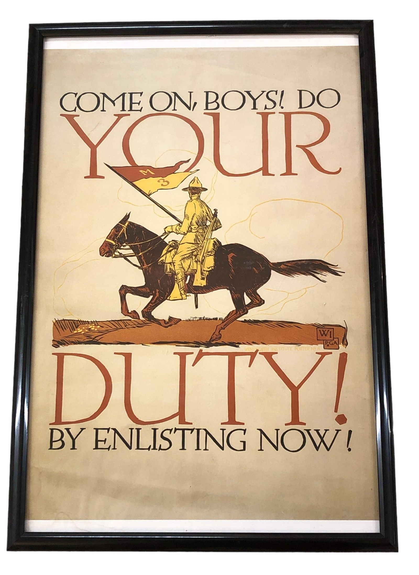 WWI Recruiting, Enlistment Propaganda Poster "Come On Boys, Do Your Duty" After VOJTECH PREISSIG: 31" H x 21" W in frame