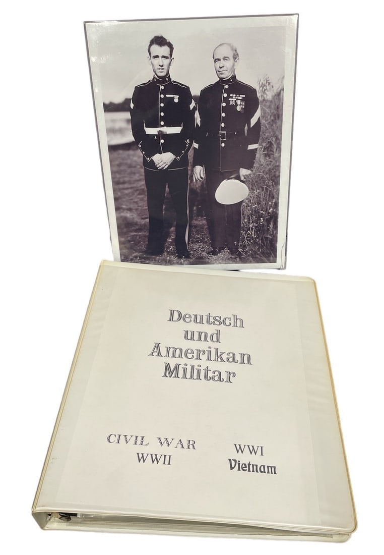 WWI, WWII Photographs, USMC, Adolf Hitler: Framed photograph is of Henry A Haynes and his father, Henry F Haynes. Henry senior fought in WWI and Henry junior fought in WWII. Binder includes photos of both individuals, photos Henry junior took 