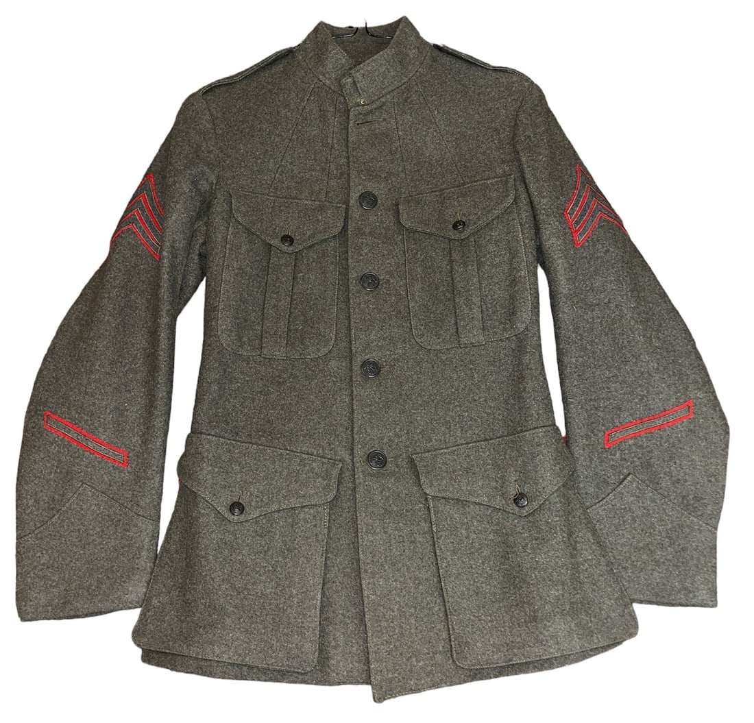 Rare USMC Sergeant Transition Tunic WWI, WWII: Includes service chevron. Attributed to Henry Haynes' father.