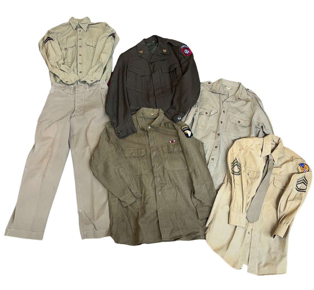 WWII U.S. Air Force Jacket, Shirts, Slacks: Includes one Ike jacket, three shirts, and one pair of slacks. Assorted air force and technical sergeant patches. Assorted sizes. The slacks are marked H. A. Haynes.
