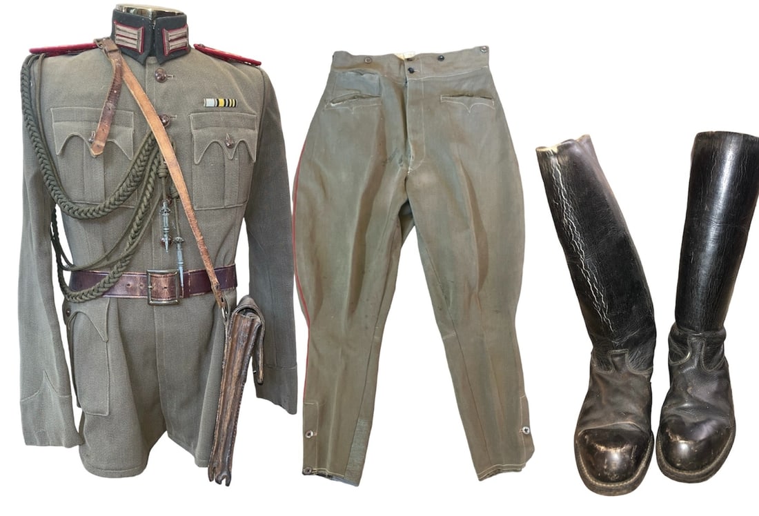 WWII Bulgarian Major of Infantry Uniform Under Nazi Control: Bulgarian Major of Infantry Uniform including original boots worn while under Nazi Control; 32" L x 16" W shoulder to shoulder
