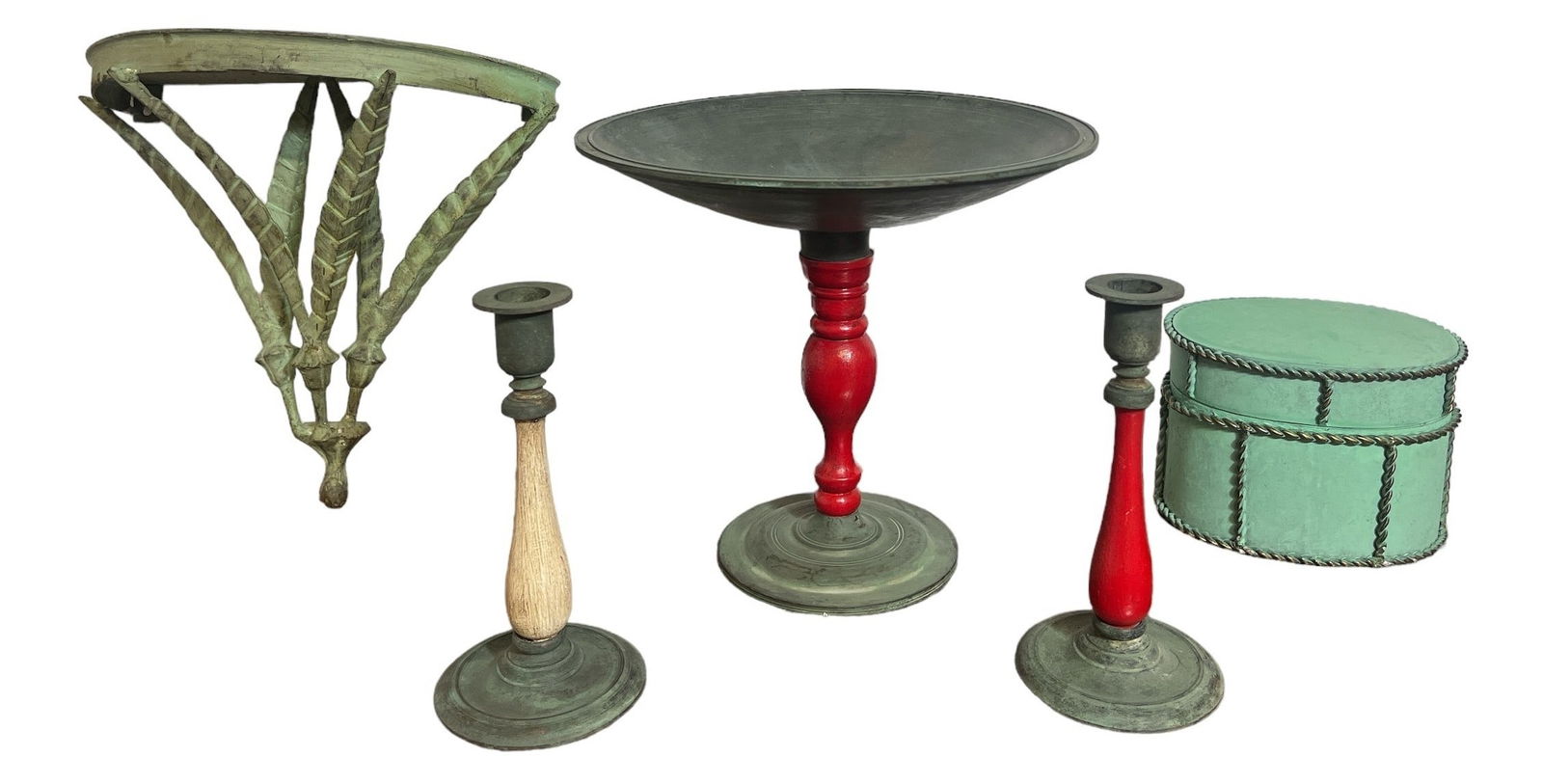 Vintage French Patina Bowl, Candlesticks, Box: Largest piece measures 9" H x 9.5" DIA. Candlesticks are tagged from Marshall Fields, the centerpiece matches.