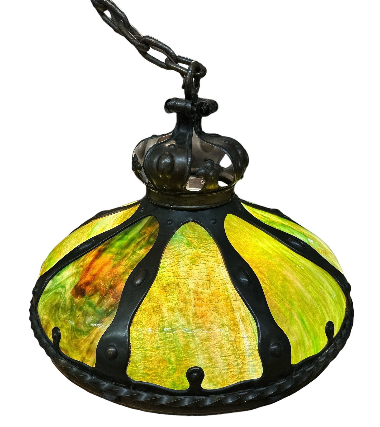 Monumental Arts and Crafts Leaded Glass Chandelier: 25.5" Diameter, 18" H, 28" drop to the cap, Cap is 6.5" Diameter, Chain links are 3" Long each