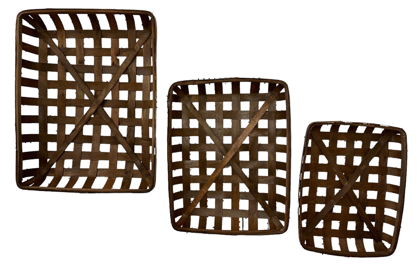 Graduated Farmhouse Tobacco Baskets: largest is 31"H x 24" x 5" deep