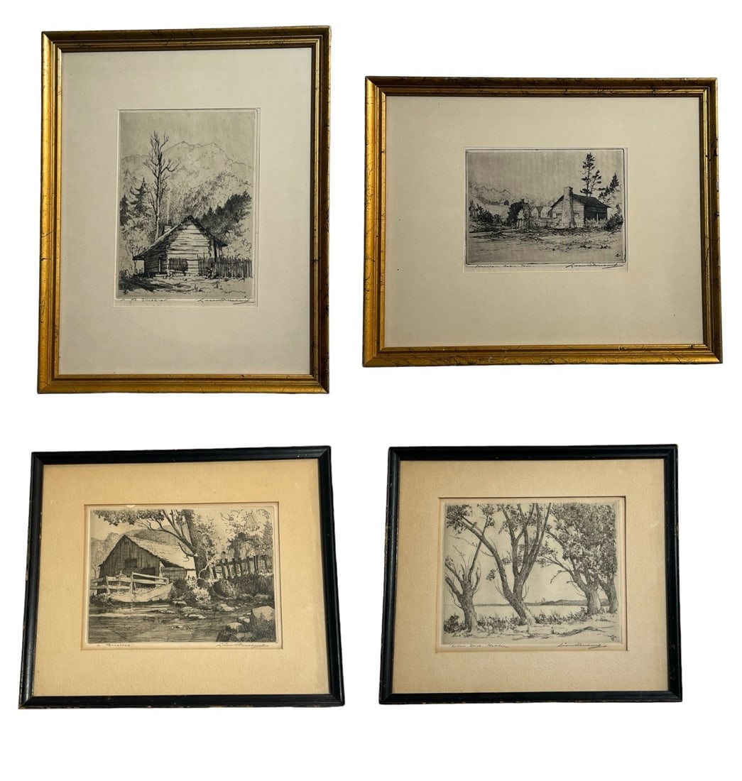 Four Art Deco Era LOUIS PESCHERET Woodlands Etchings, Smoky Mountains (1 of 5)