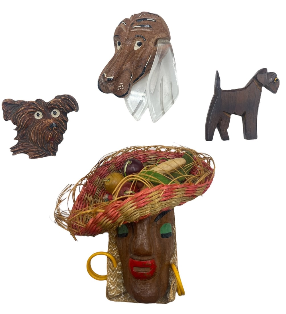 Collection Figural and Carved Wood, Bakelite Brooches (1 of 4)