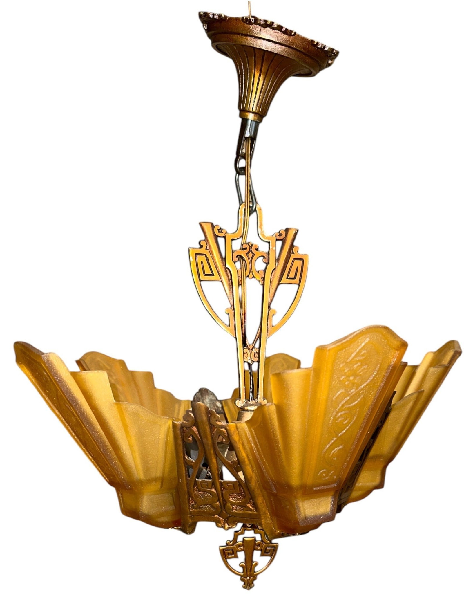 Art Deco Amber Slipper Shade Chandelier: 17.5" Diameter x 20" Drop x 5.75" Cap.