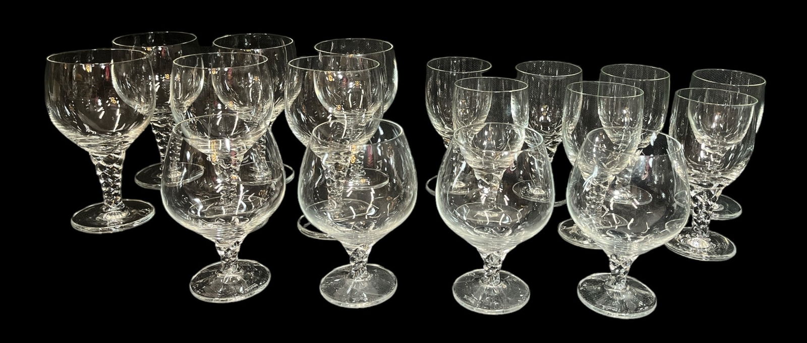 Collection THOMAS "Holiday" Glass Stemware: Includes six water goblets measuring 7" H x 3.5" DIA, three wine glasses measuring 6.125" H x 3" DIA, four brandy glasses measuring 5.75" H x 3 " DIA.