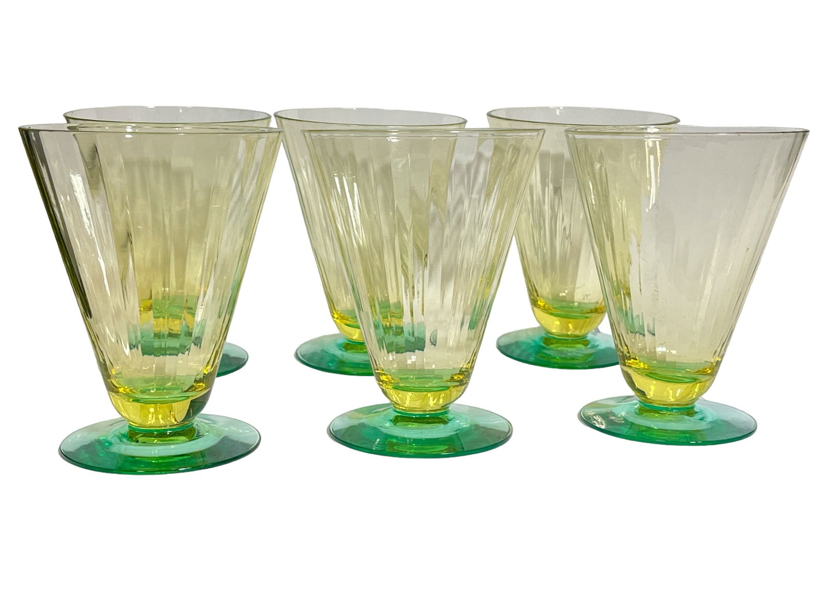 Set of 6 Vintage Uranium Footed Glasses: 4" H x 3" DIA.