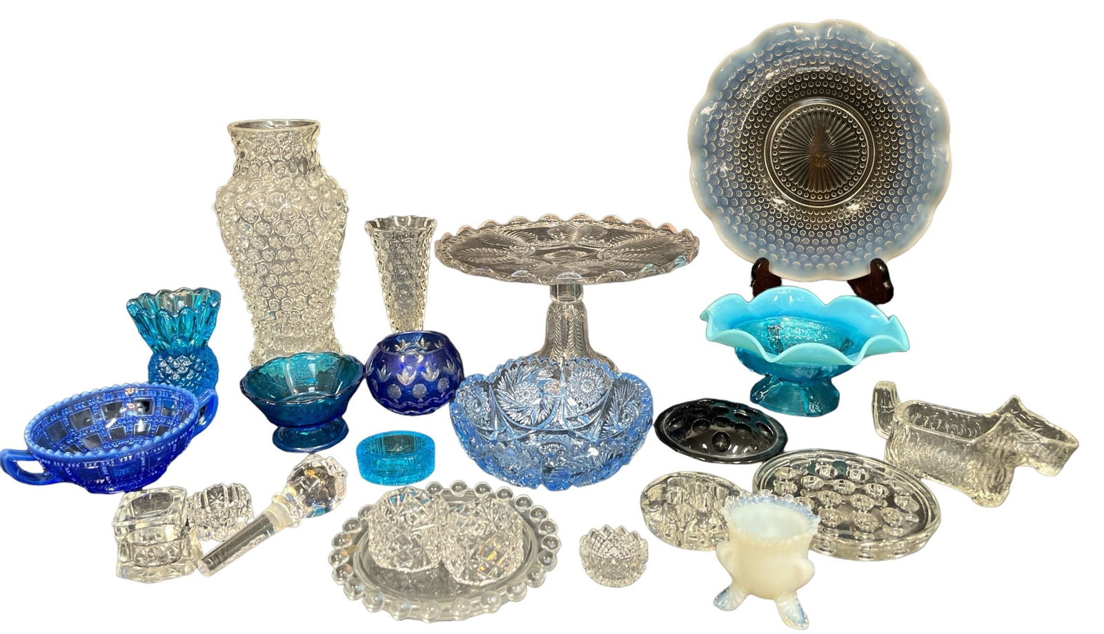 Large Collection Cut Glass, Hobnail Glassware: Cake plate measures 6" H x 10" DIA, hobnail vase measures 10" H x 5" DIA.