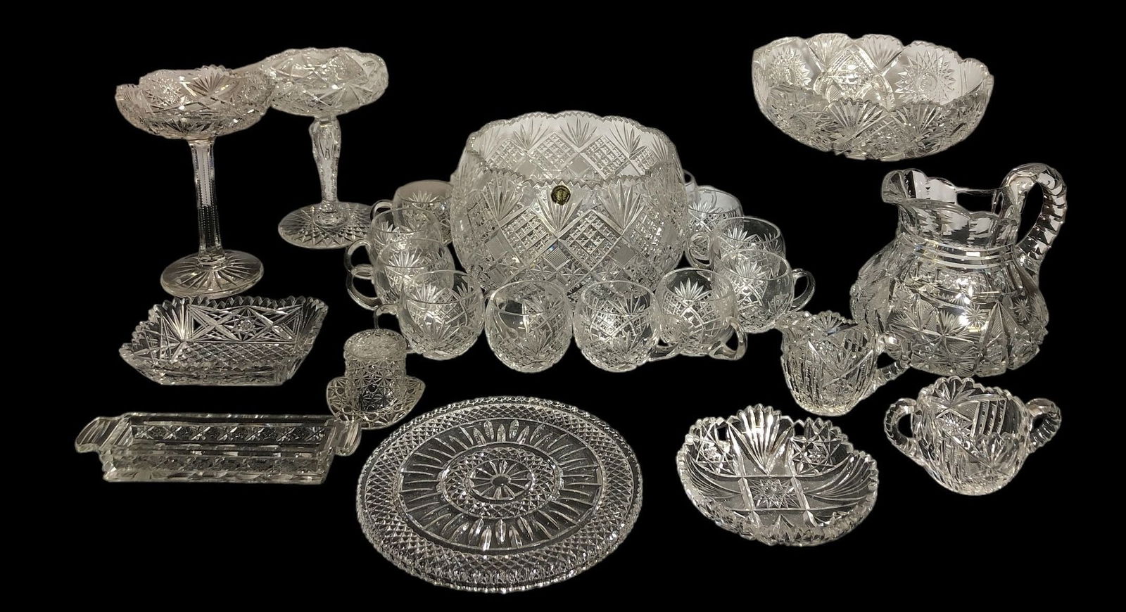 Collection Cut Glass Articles GOEBEL, LIBERTY: Punch bowl measures 7" H x 9.5" DIA, punch cups are 2.75" H x 2.75" DIA.