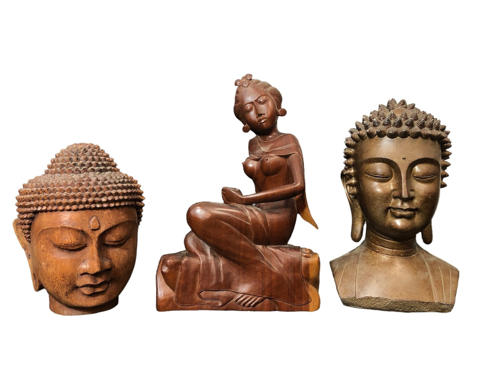 Three Carved Wood Statues, Buddha, Goddess: Goddess measures 13" H x 6.5" W x 8.5" D.