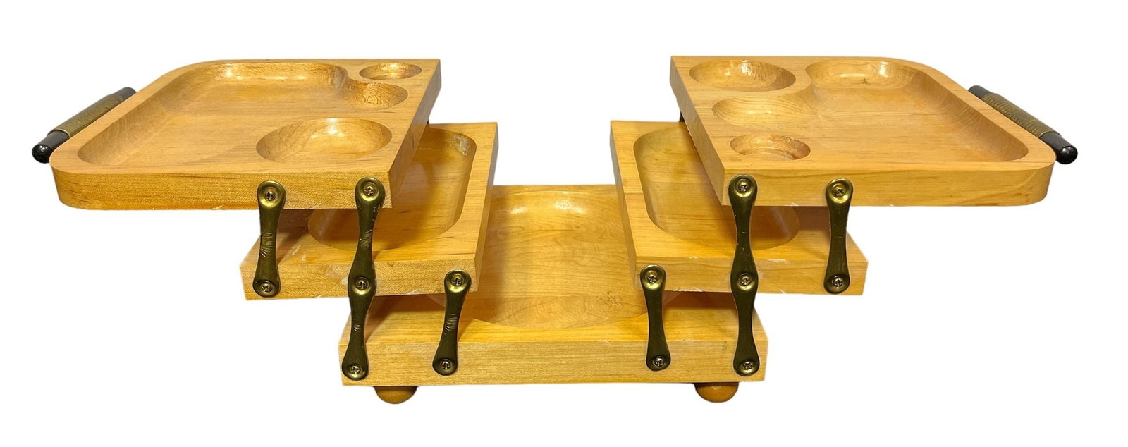Mid Century KAROFF Buffet Bar: 3.5" H x 30" W x 8" D when fully open, 15.5" W when closed.