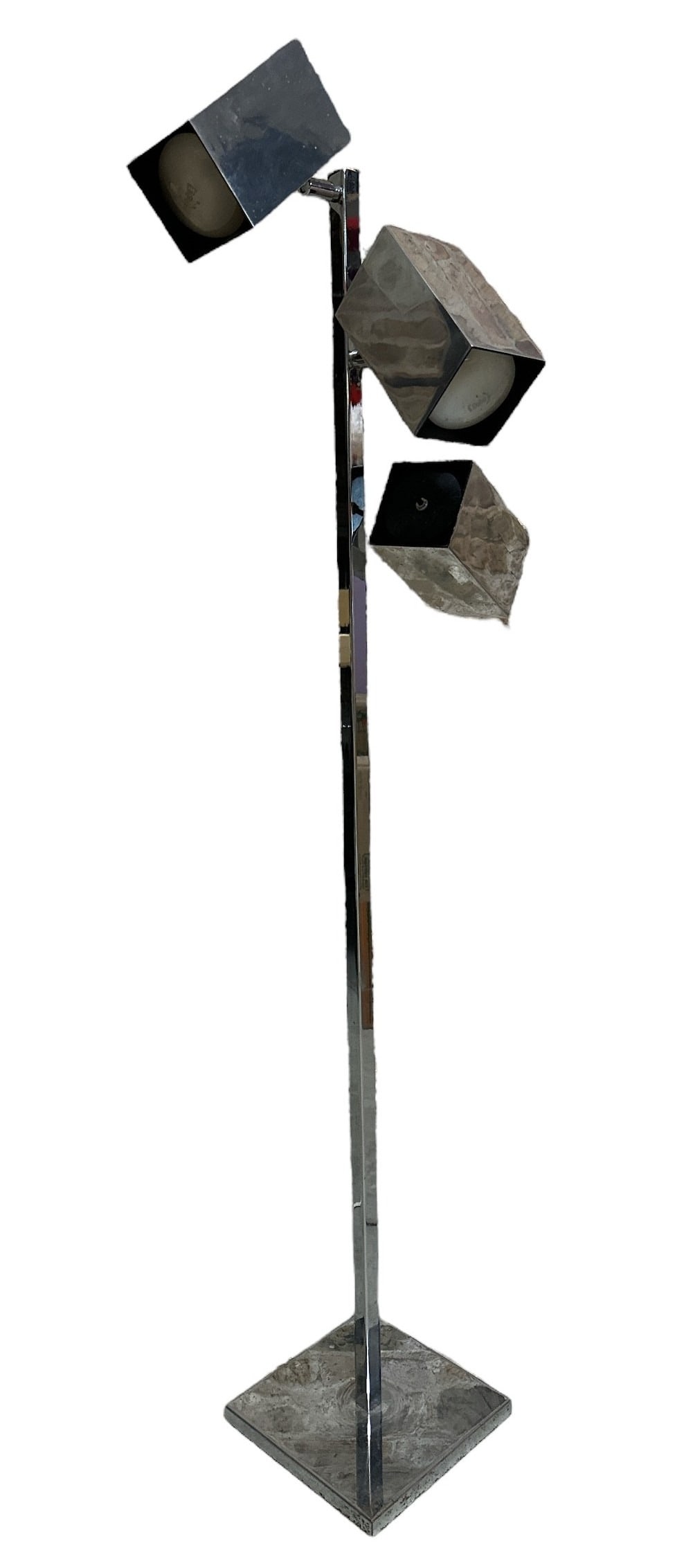 ROBERT SONNEMAN for KOCH & LOWY Mid Century Chrome Floor Lamp: 62" H x 18" x 16". Base measures 10.5" x 10.5". Each light is 7" x 4" x 4".