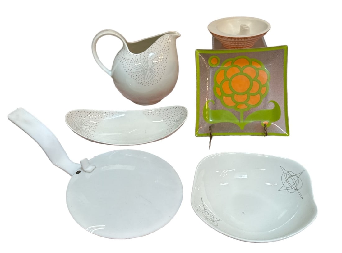 Collection Mid Century Articles, EVA ZEISEL: pitcher is 7.75'H x 9.5" D x long platter bowl is 12"L, ZEISEL patterns Dawn and Fantasy.