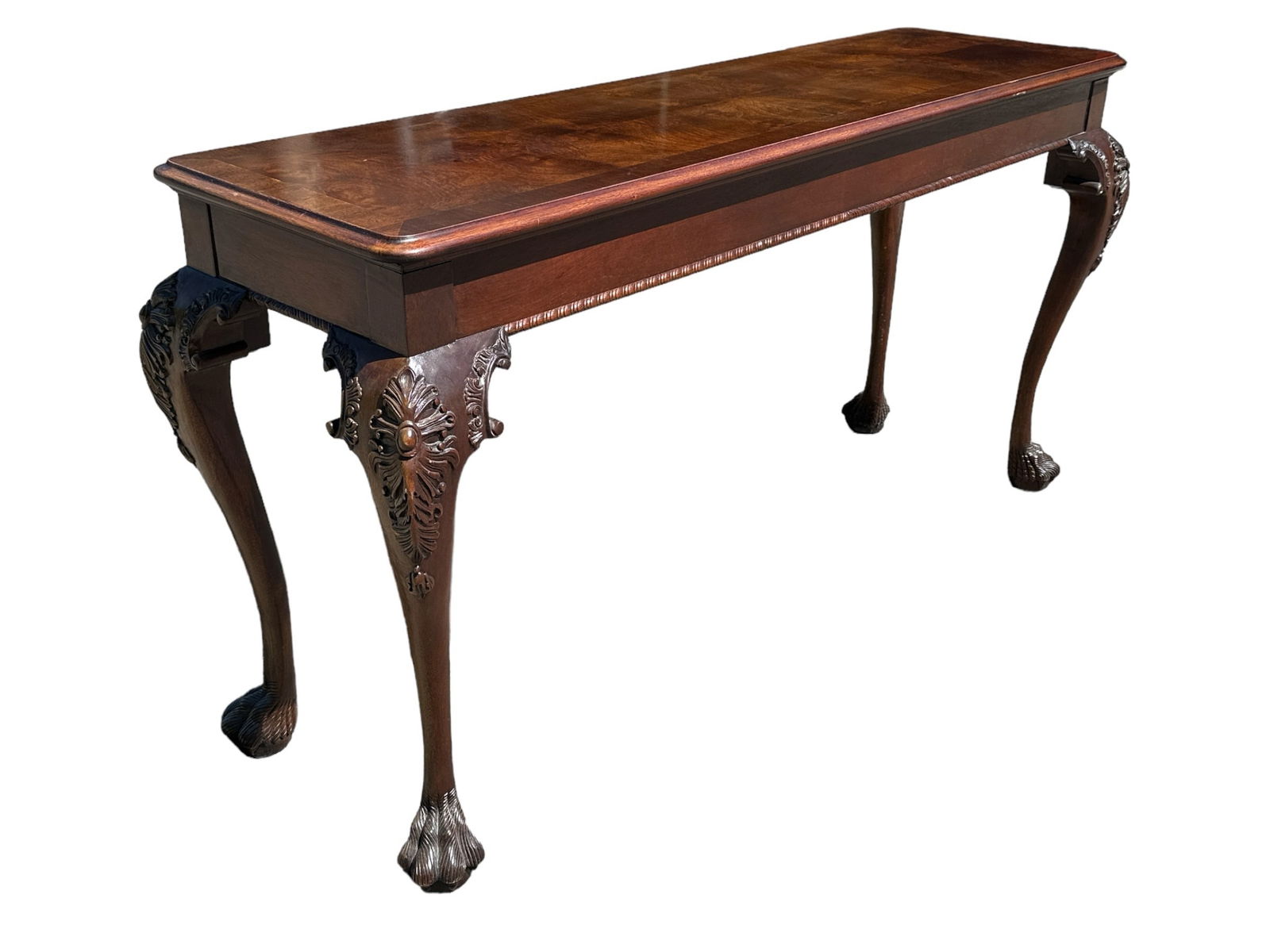 HENREDON Claw Foot Medallion Console Table: 30" H x 59" W at the widest x 18.5" D at the deepest.