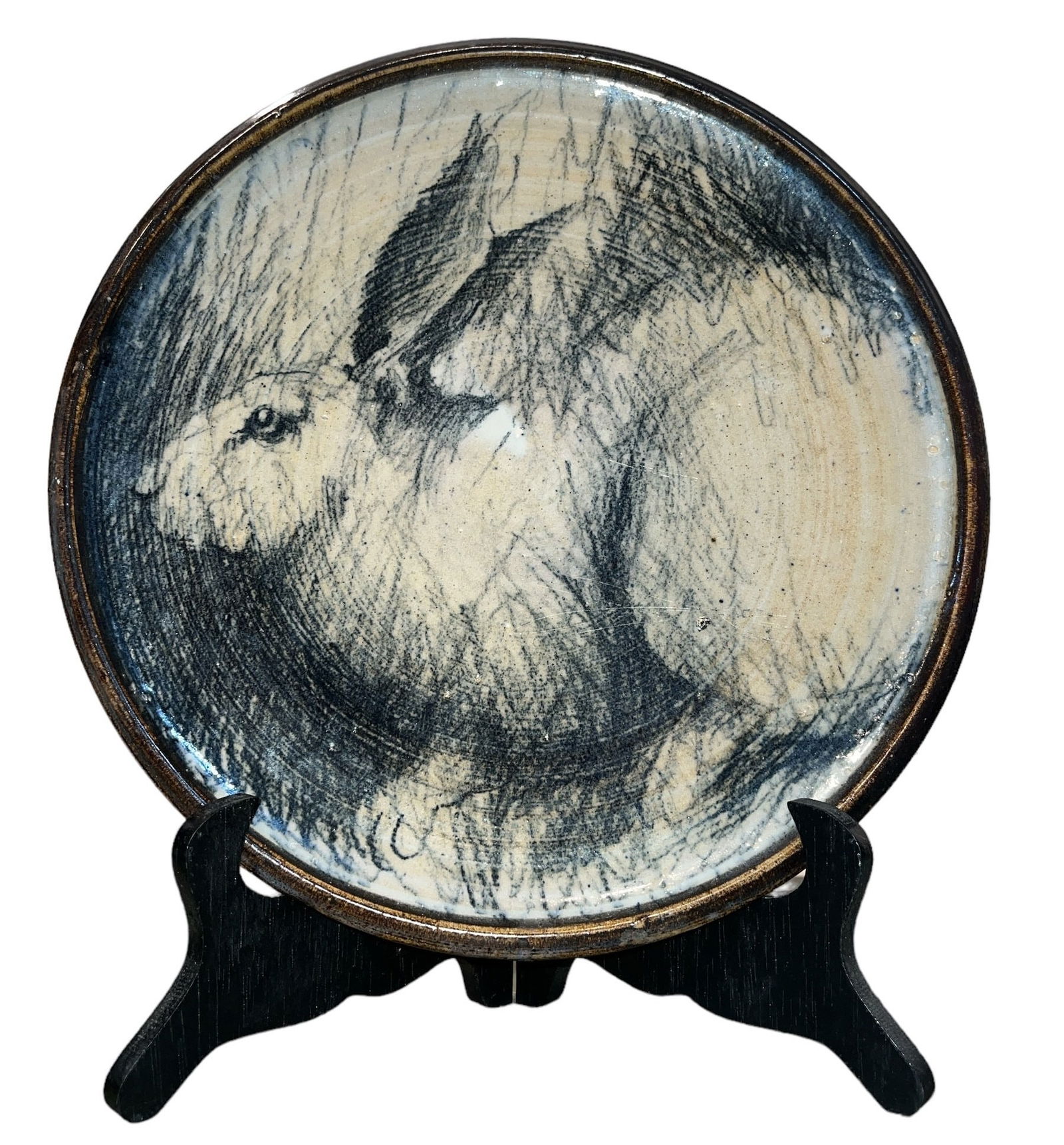 Mid Century Signed Studio Platter, Rabbit (1 of 4)