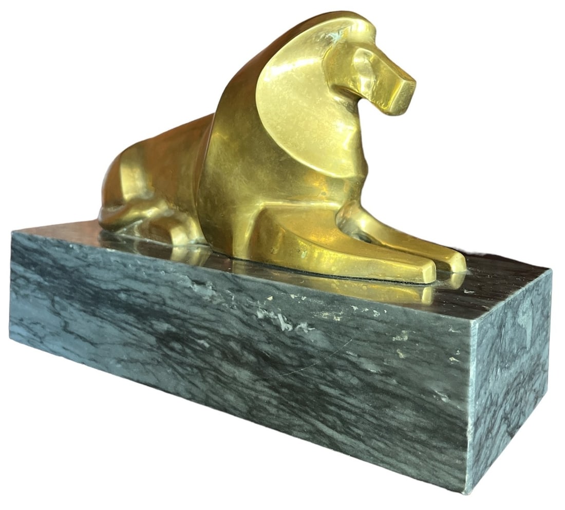Art Deco Style Abstract Brass and Marble Lion Statue (1 of 5)