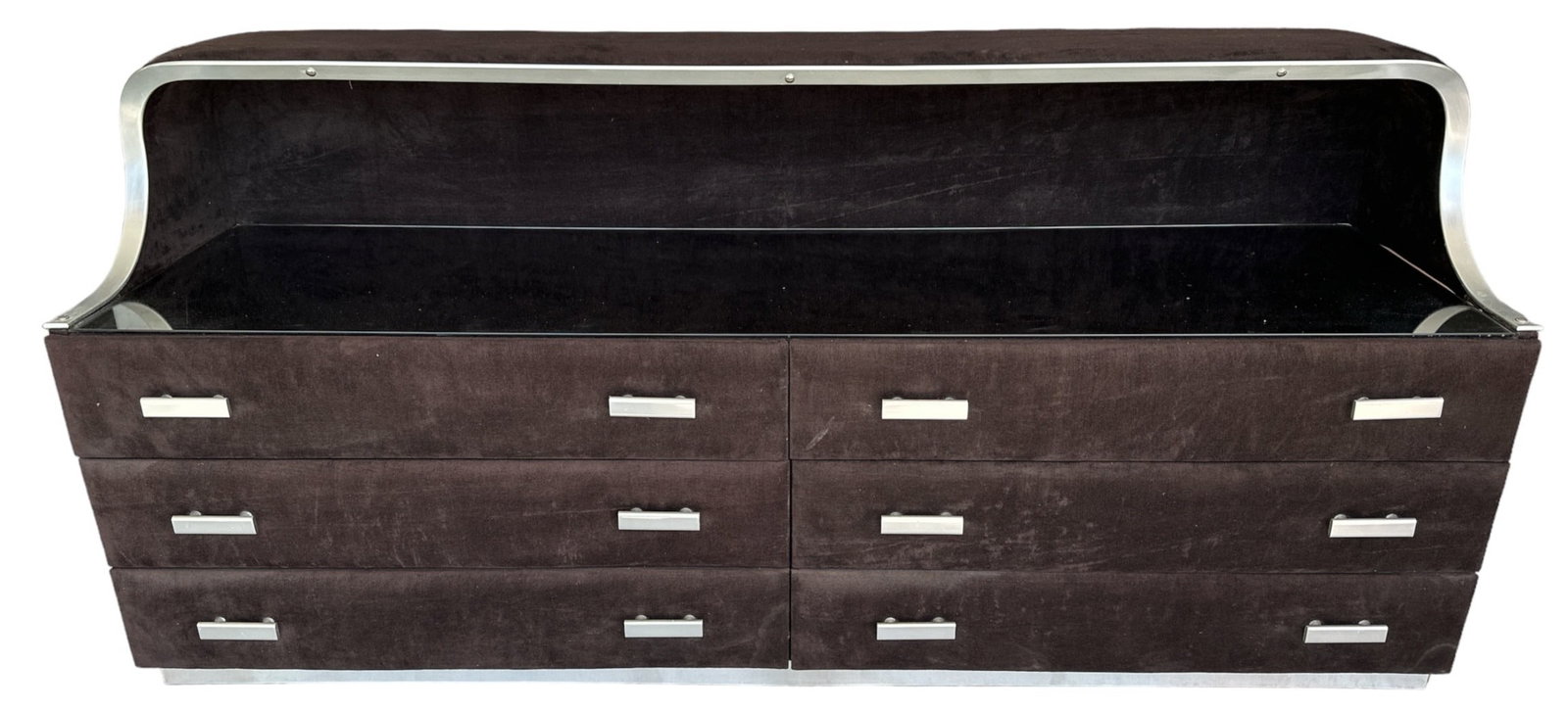 RADAELLI Sideboard Credenza, Italy 1970's: 32" H to back, 21" H to front, 68.75" W, 18.75" D , rare, brown nubuck and chrome. This item is located at location B. Please see auction description for pick up details.