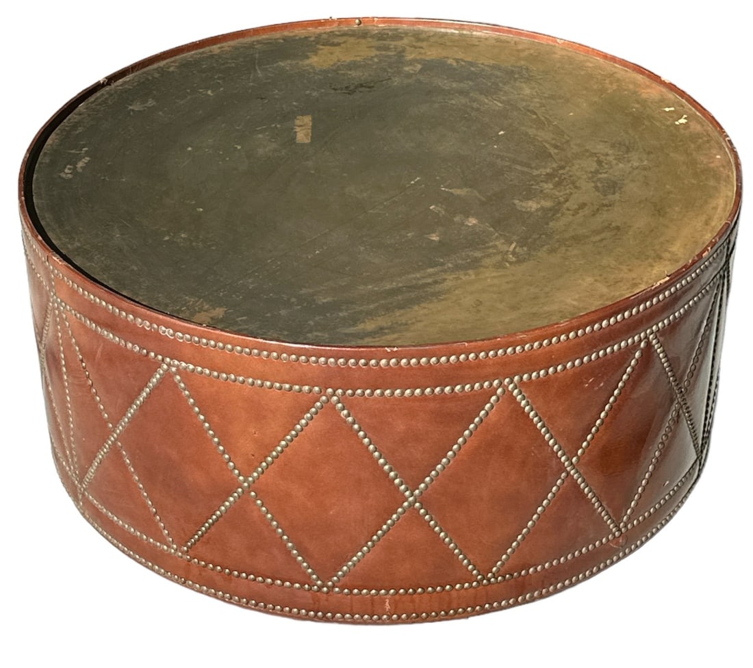 Leather & Brass Drum Coffee Table (1 of 6)