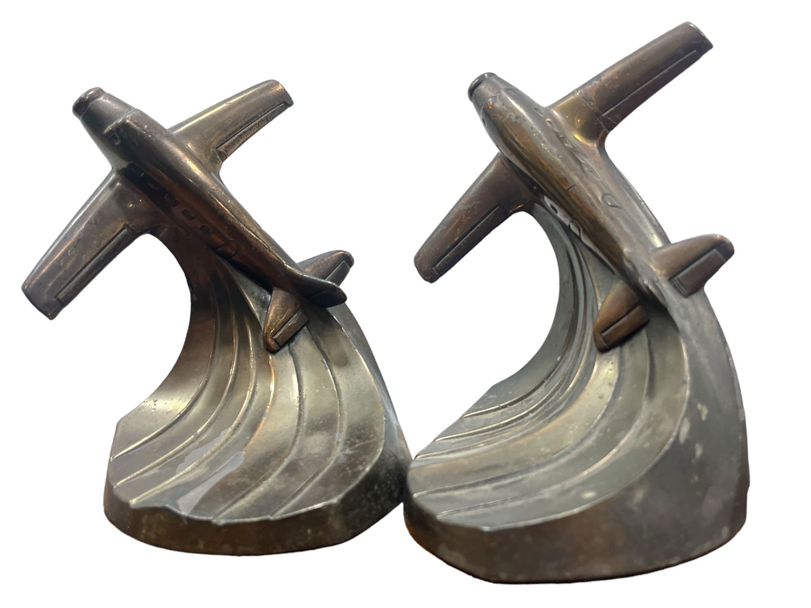 Art Deco Streamline Airplane Bookends: 5.75" H x 4.5" W x 5" D