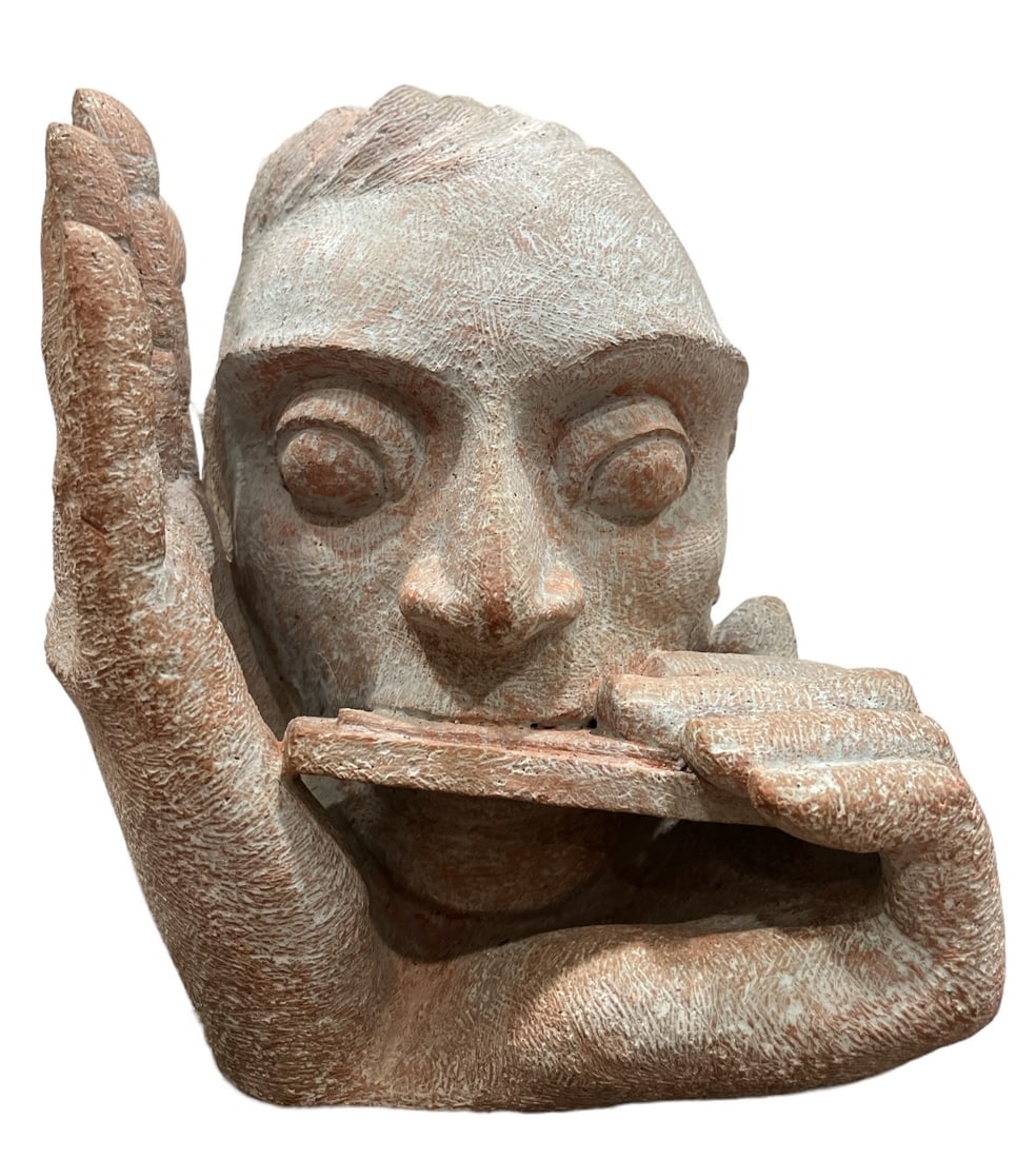 Folk Art Terra Cotta Harmonica Man Sculpture, TOWLE WAGNER: 10.5" H x 8" W x 9" D.