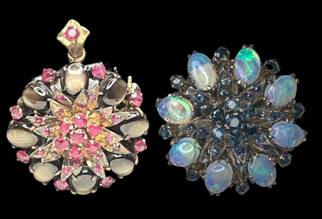 Two Vintage 10k Gold, Ruby, Moonstone, Sapphire Brooches (1 of 4)