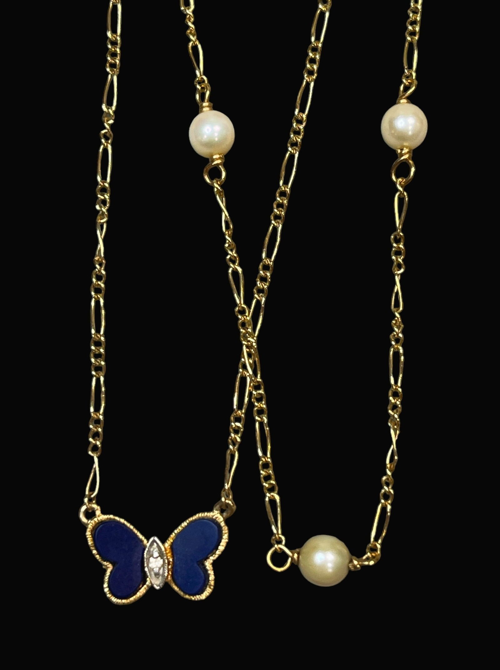 Two 14k Gold, Pearl, Diamond, and Lapis Necklaces (1 of 8)