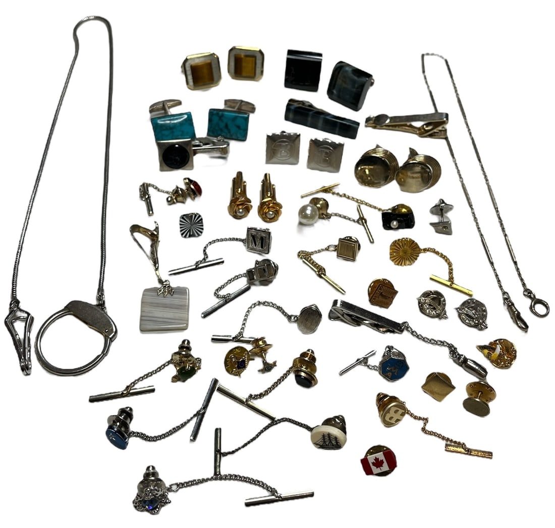 Large Collection Vintage Mens Cufflinks, Tie Clips, Watch Chains, Some Sterling Silver (1 of 4)