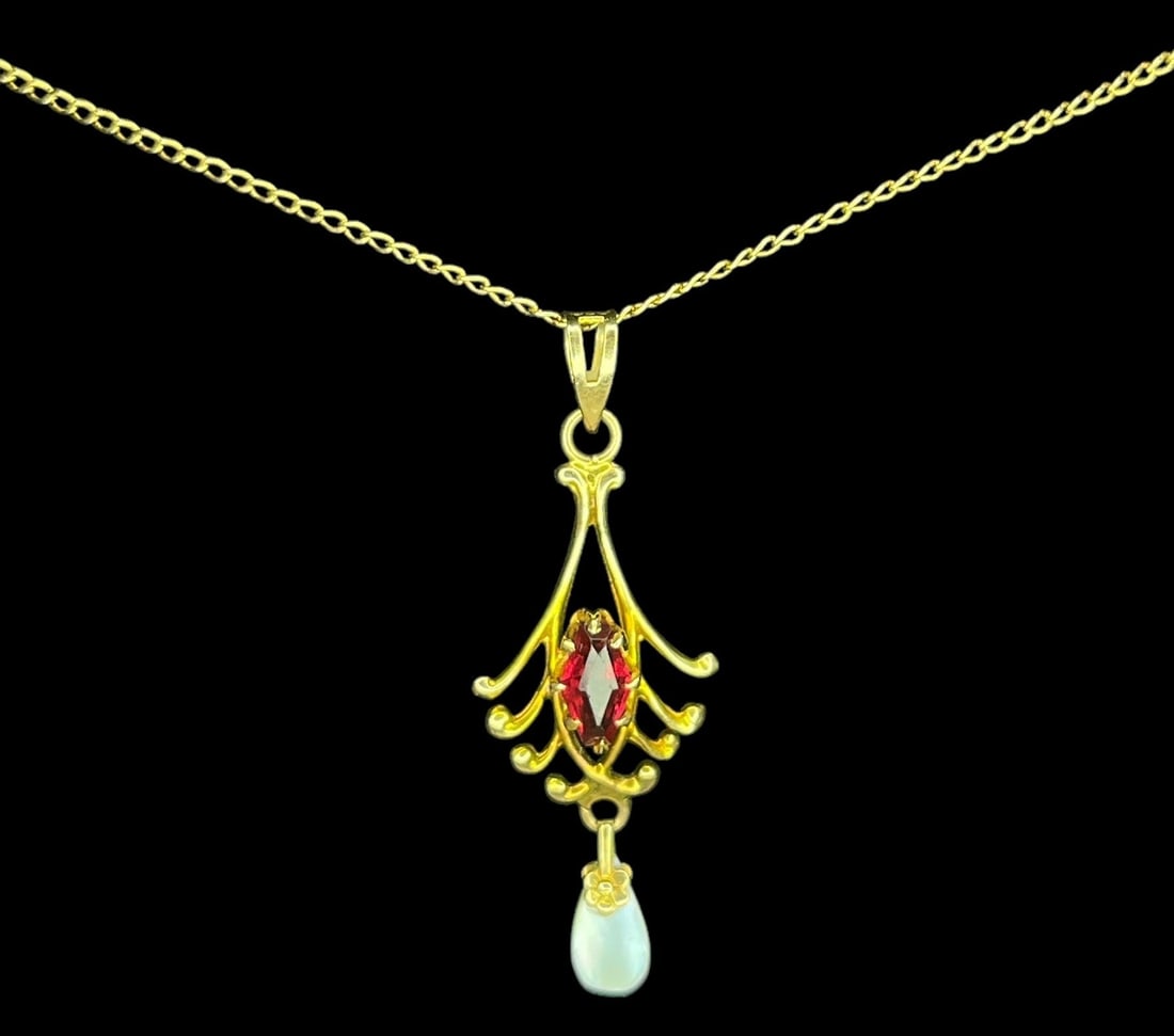Victorian 14k Gold, Ruby and Mother of Pearl Necklace (1 of 5)
