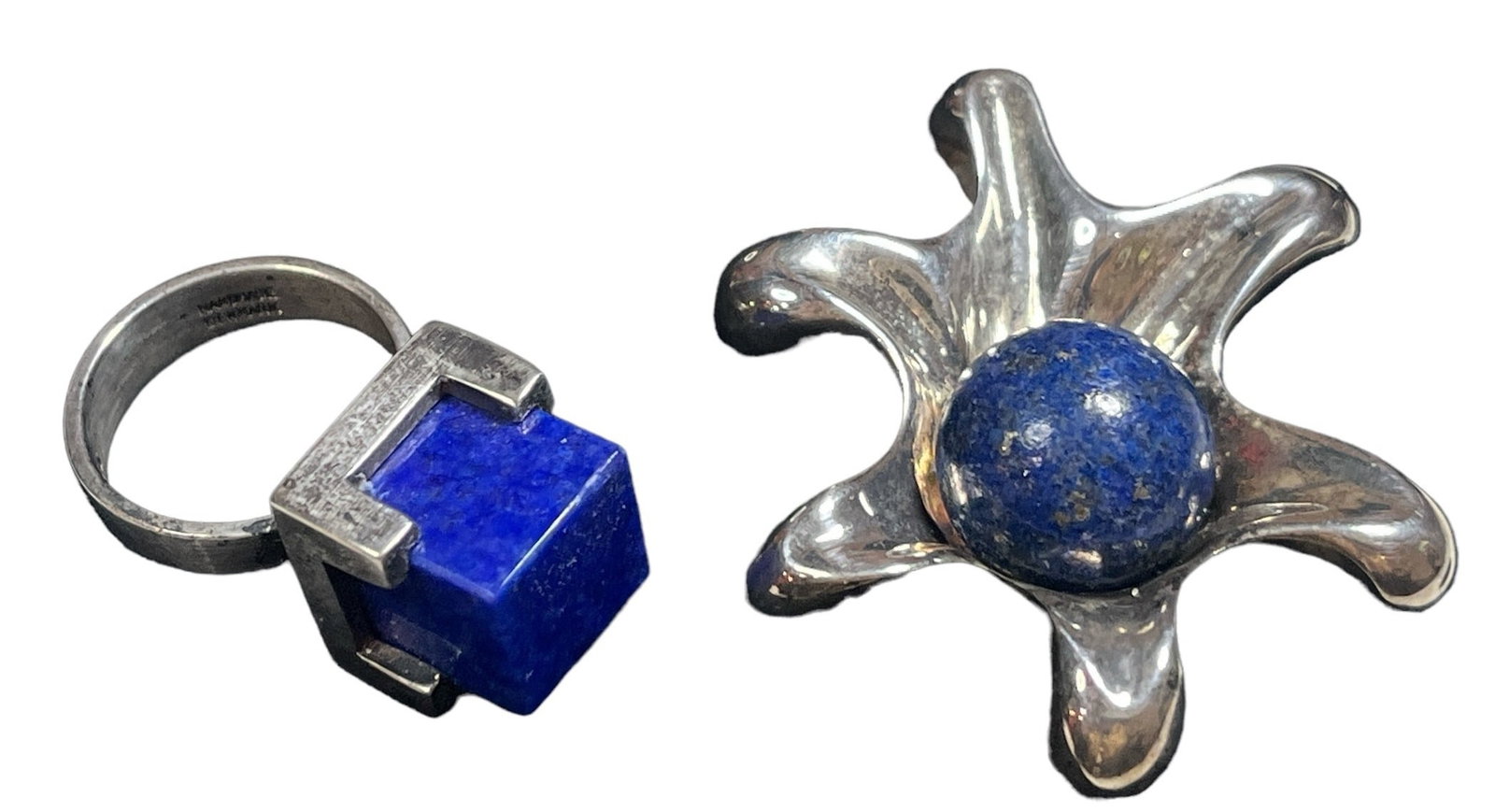 Vintage Denmark Sterling Silver and Sodalite Ring & Pendant: Ring is a size 7, pendant measures 2" H x 1.5" W. Lot weighs 25.0dwt.