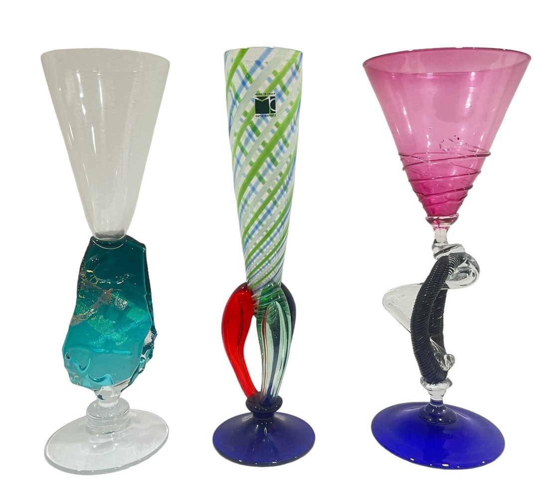 Three Post Modern Art Glass Champagne Flutes, Goblets, CARLO MORETTI (1 of 6)