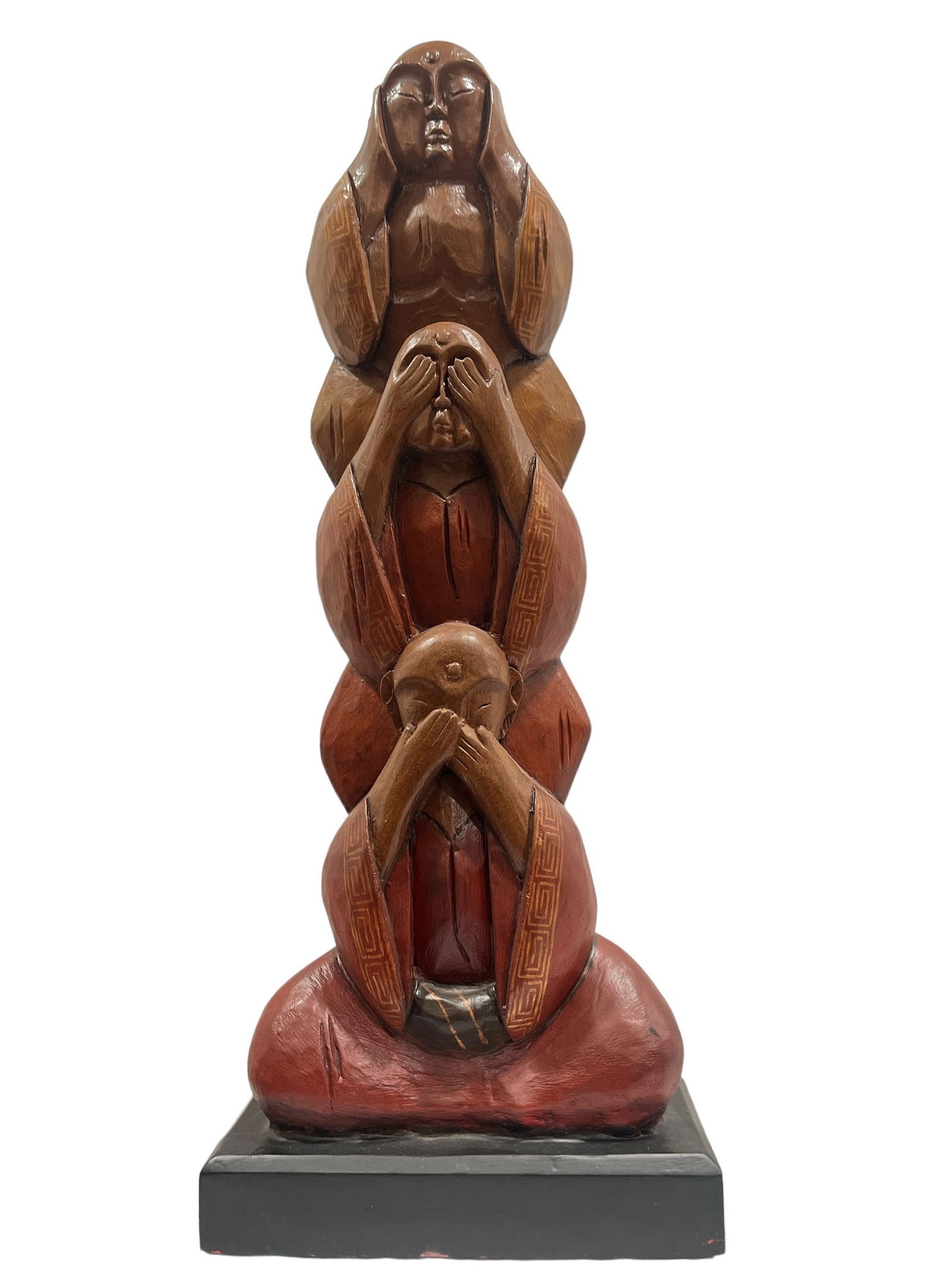 Carved Wood Three Wise Monkey Totem Pole (1 of 4)