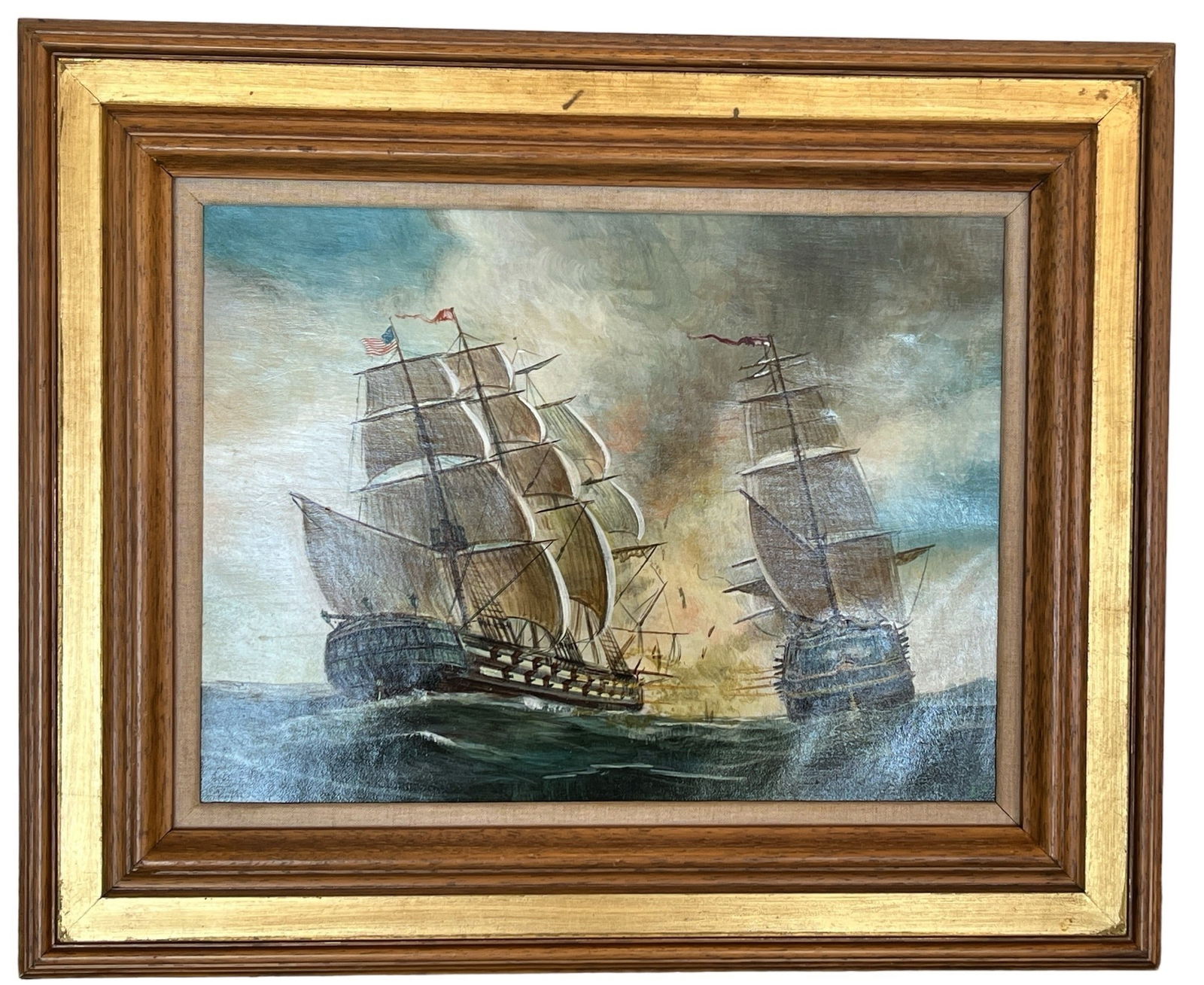 Mid Century Acrylic on Paper of Ships, Signed E.W. (1 of 3)