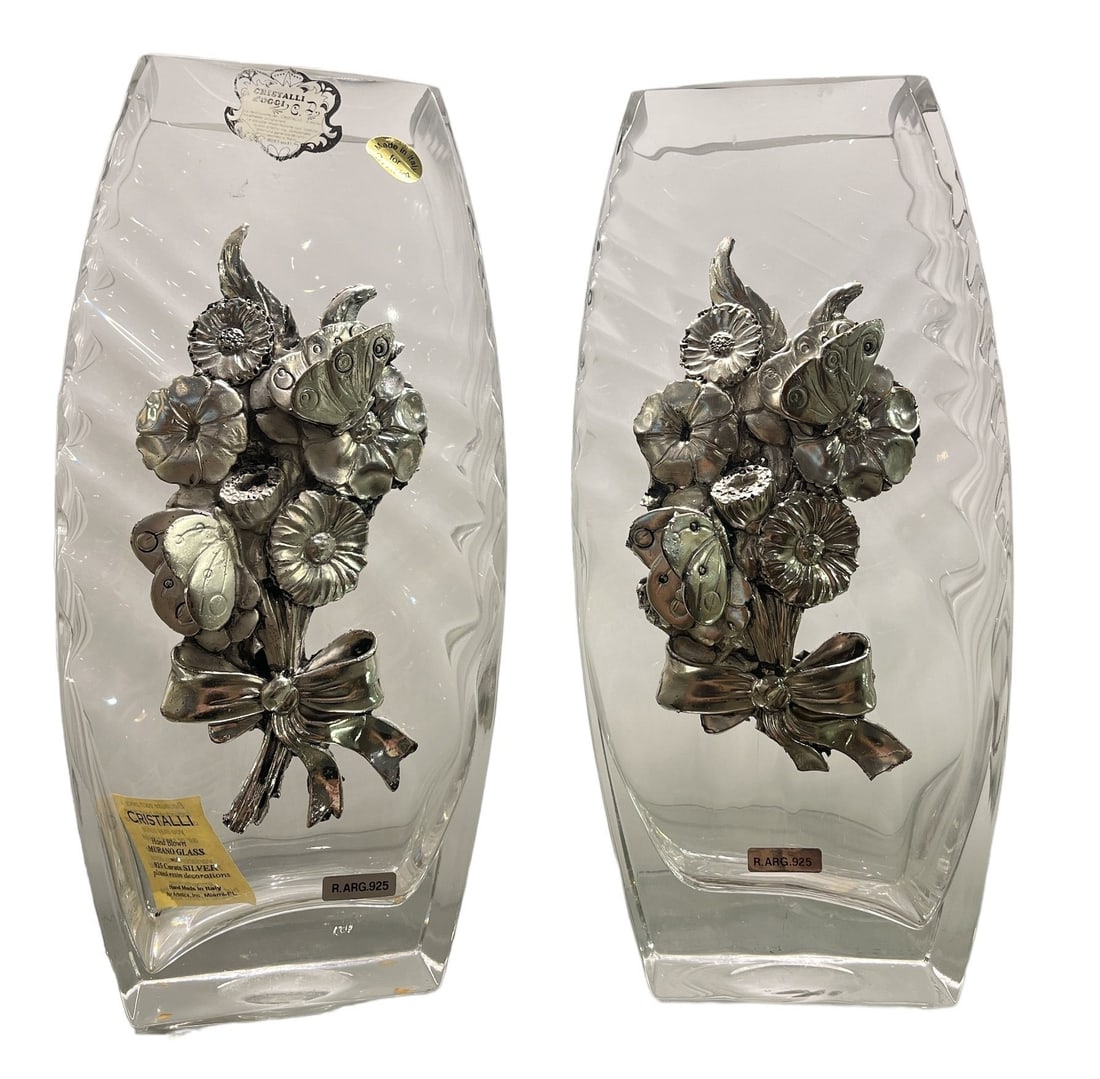 CRISTALLI D'OGGI, Sterling Plated Glass Vases, Pair: Resin coated sterling flowers on face. 13" H x 4.5" W x 3" D. Please see auction description for pick up details.