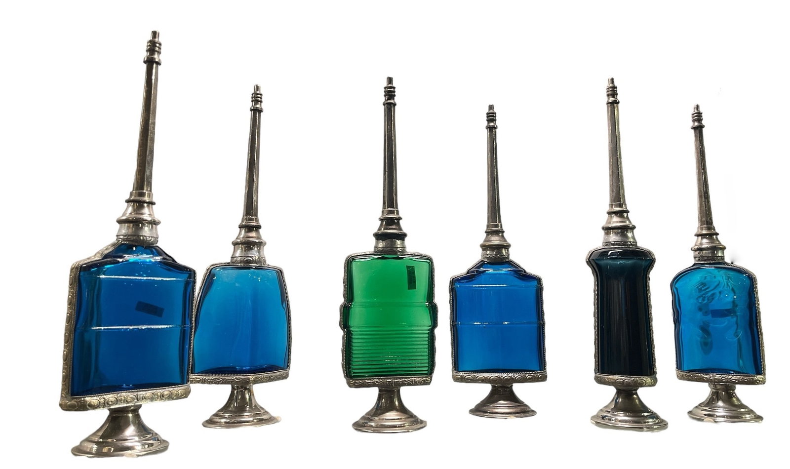 Six Moroccan Silverplate Art Glass Perfume Bottles (1 of 4)