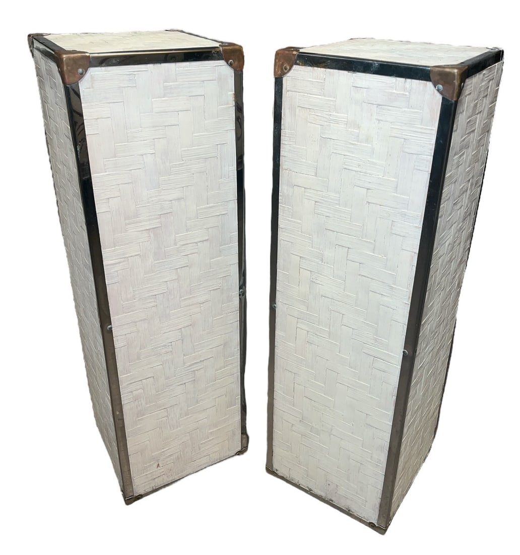 Post Modern Whitewash Woven Rattan Plinths, Pair (1 of 4)