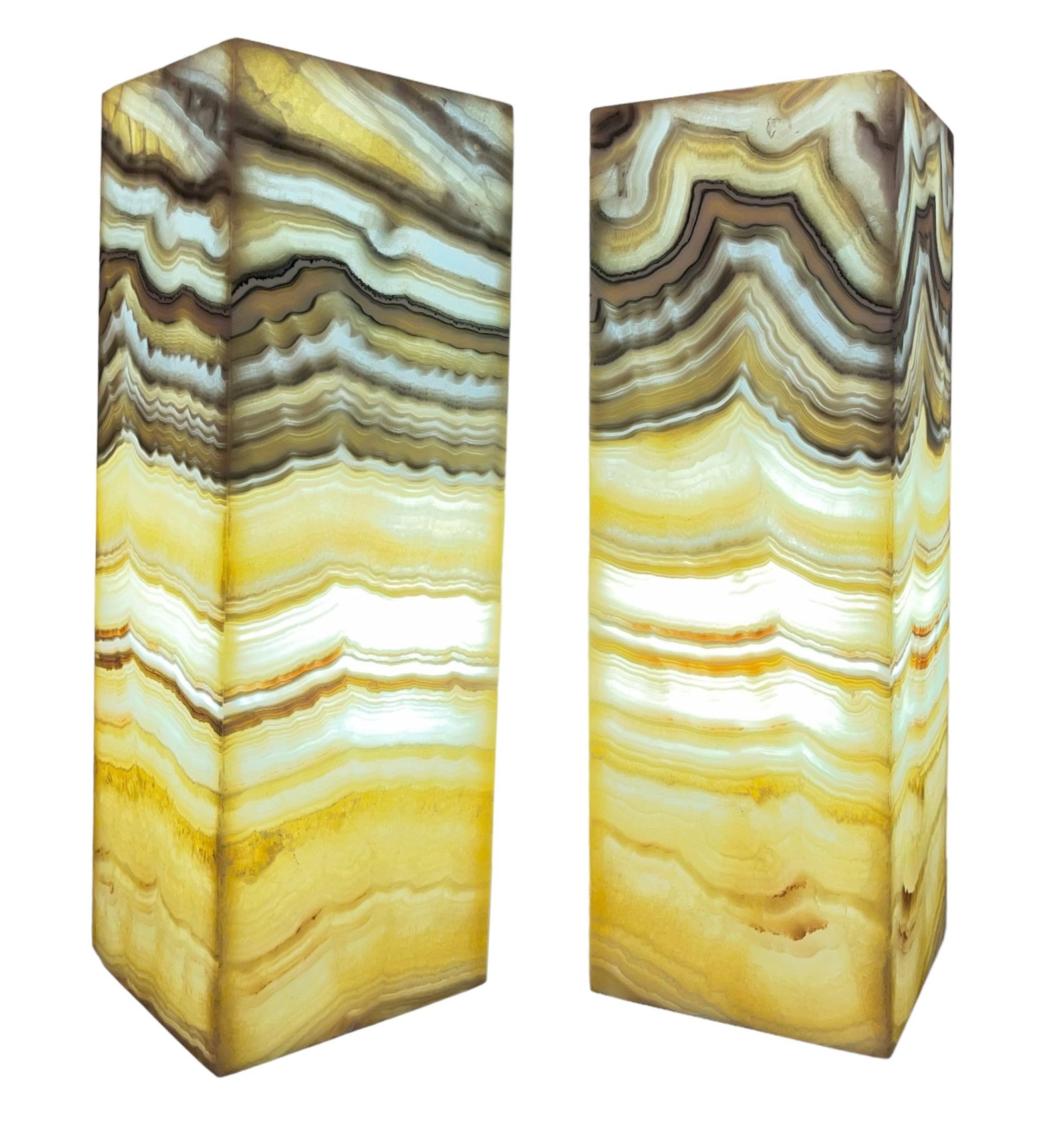 Hand Cut Onyx Pedestal Lamps, Pair: Both measure 18" H x 6" W x 6" D.
