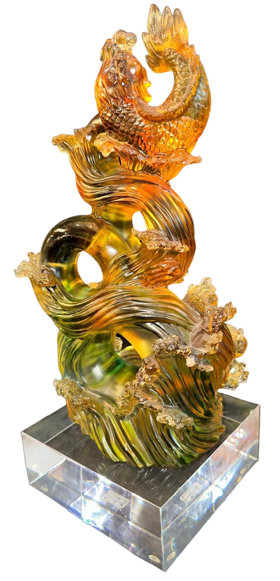 Chinese LIULIGONGFANG "Leap to Heaven" Glass Sculpture: Limited edition number 132/1680; measures 13" H including base; base measures 5" W x 5" D
